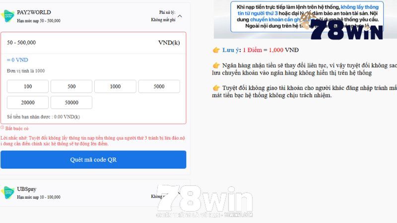 Nạp tiền 78win bằng ViettelPay